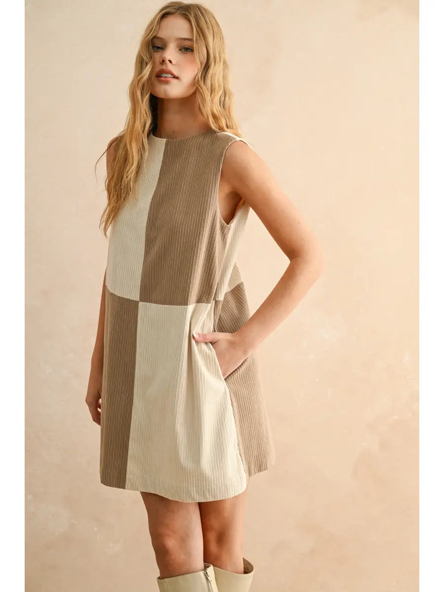 Miou Muse W Corduroy Color Block Midi Dress MOCHA / ECRU