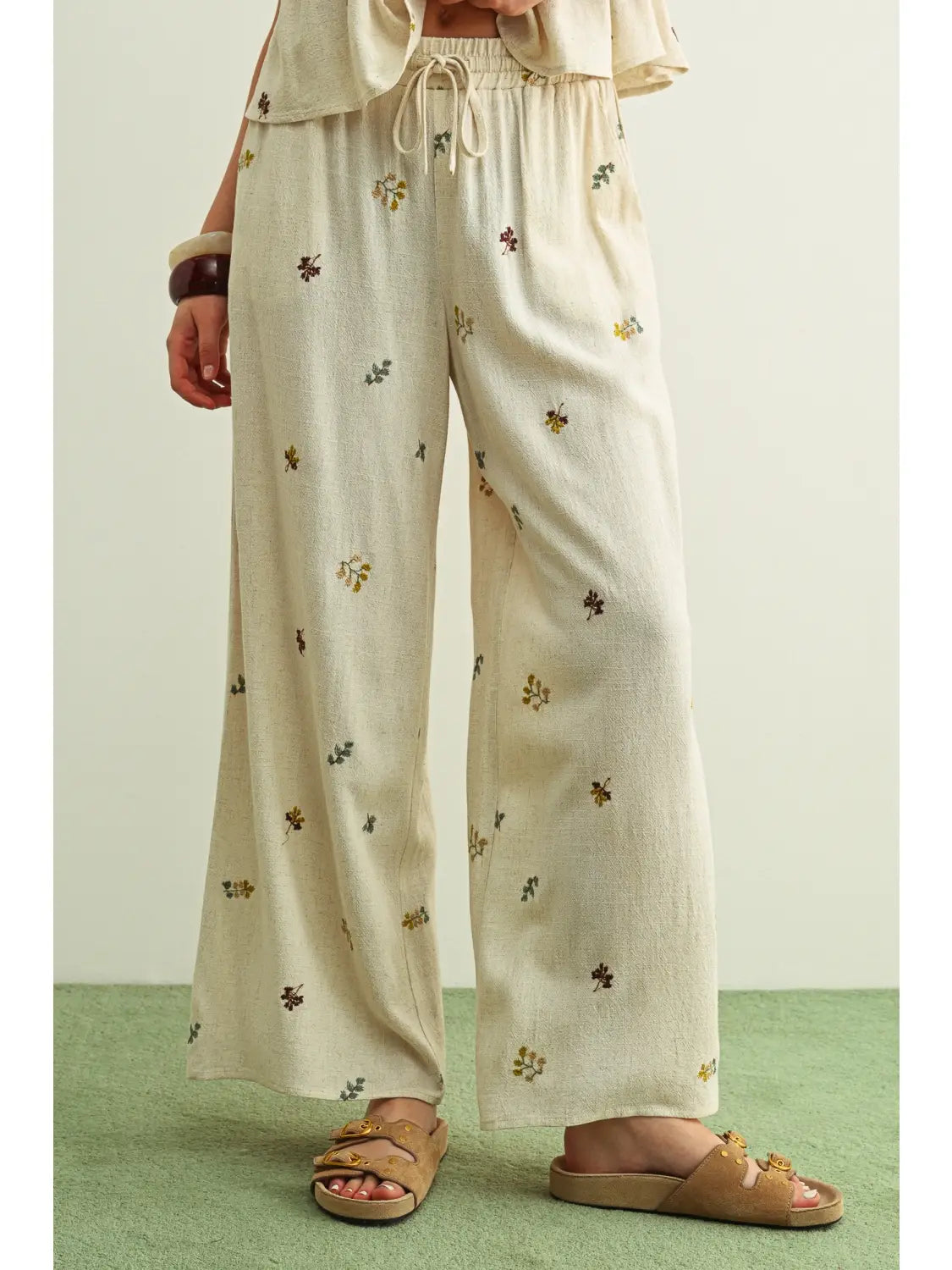 Miou Muse W Embroidered Gauze Wide Leg Pant BEIGE