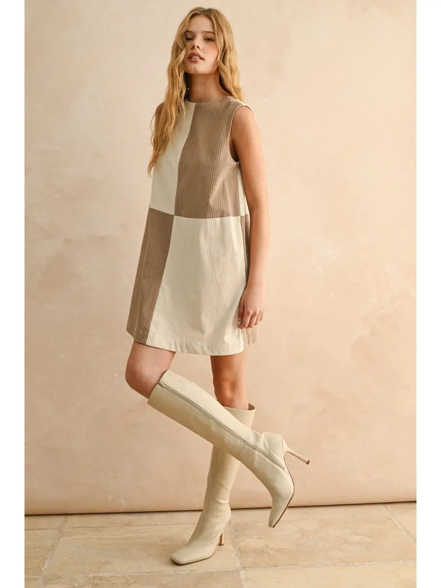 Miou Muse W Corduroy Color Block Midi Dress MOCHA / ECRU