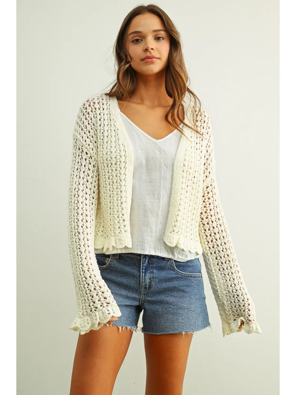Miou Muse W LS Ruffle Detail Cardigan IVORY