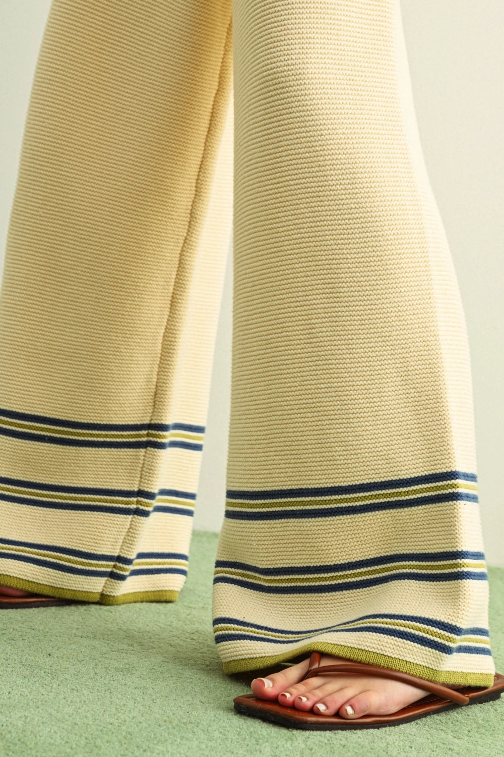 Miou Muse W Border Stripe Knit Pants GREEN / NAVY