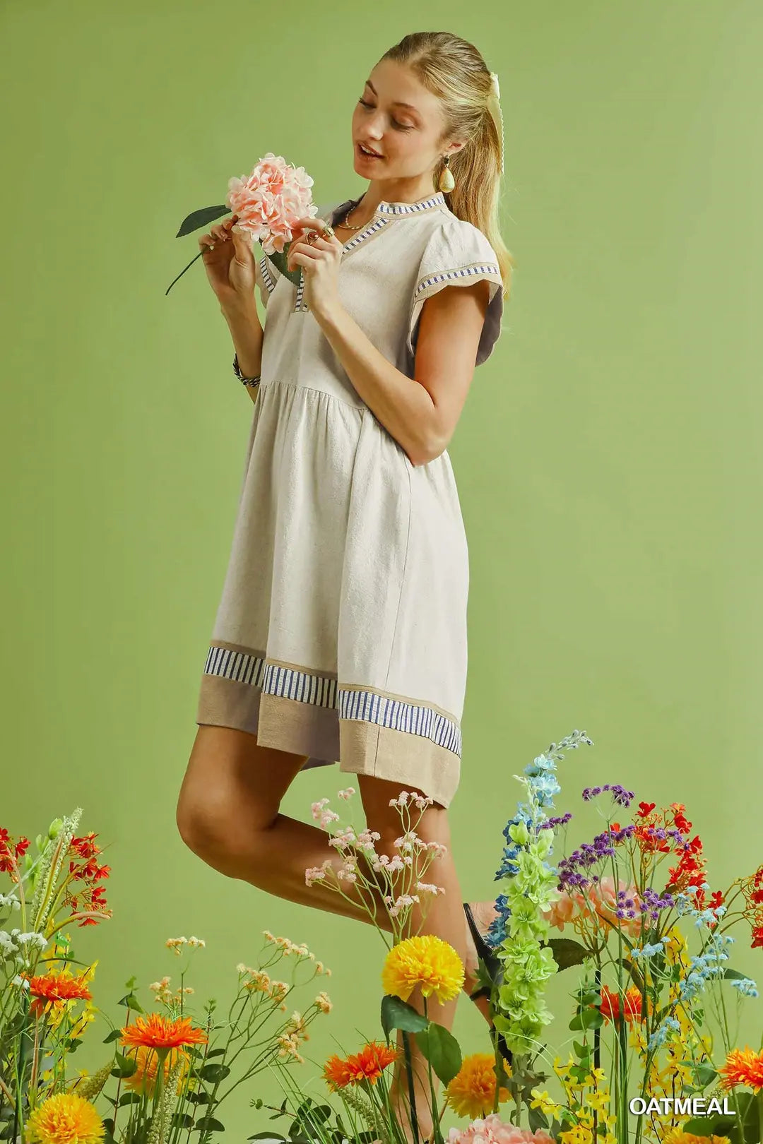 Umgee W Stripe Contrast Tiered Mini Dress OATMEAL