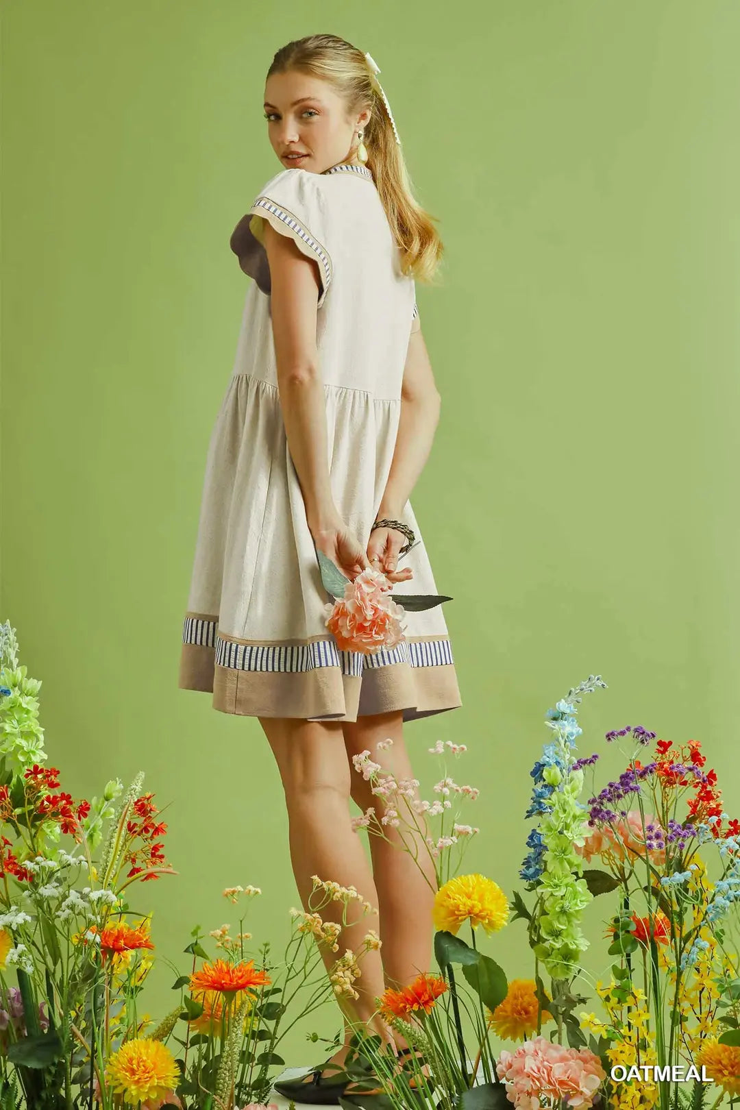 Umgee W Stripe Contrast Tiered Mini Dress OATMEAL