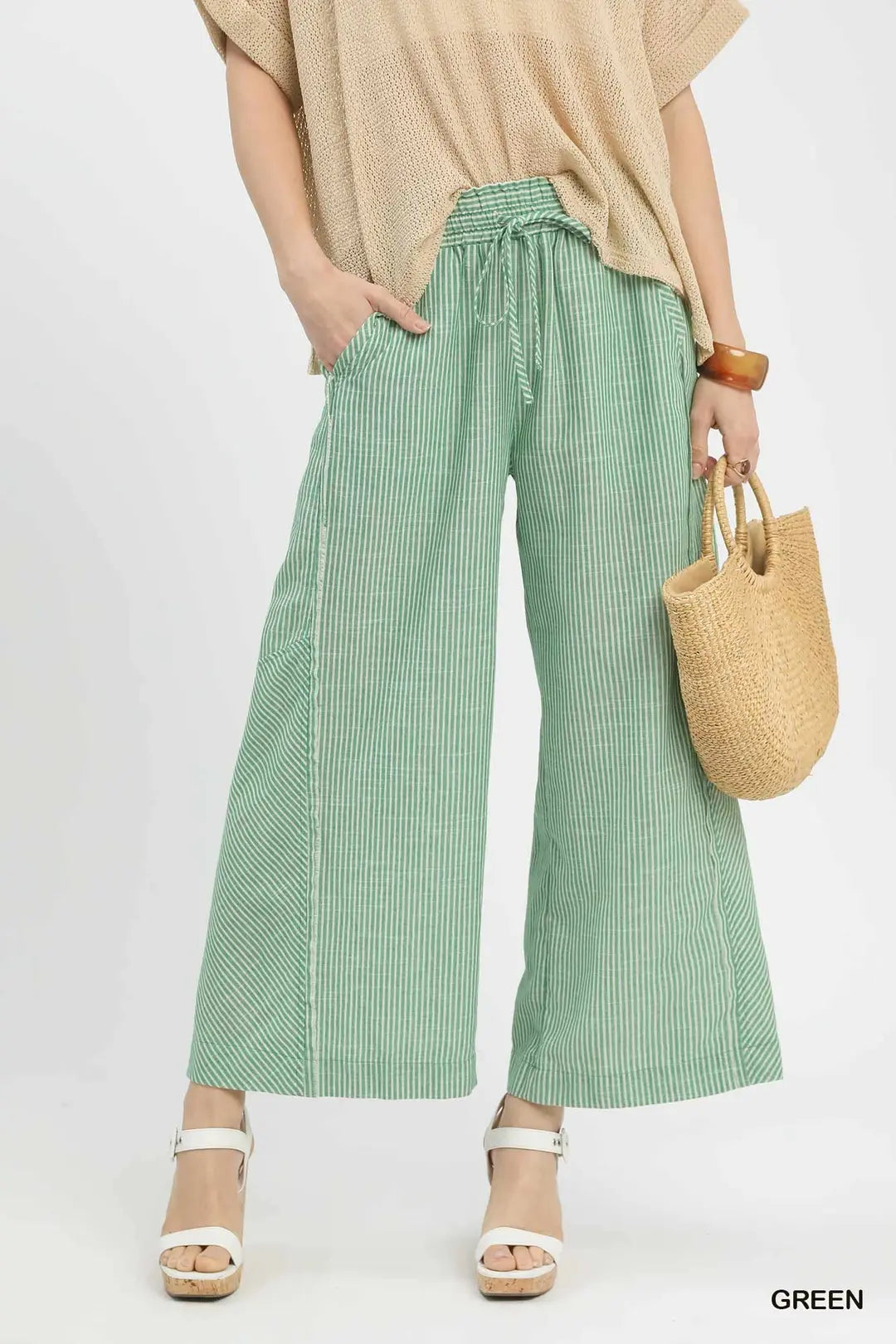Umgee W Striped Wide Leg Pants GREEN