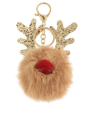 Golden Stella Reindeer Fur Ball Keychain BEIGE