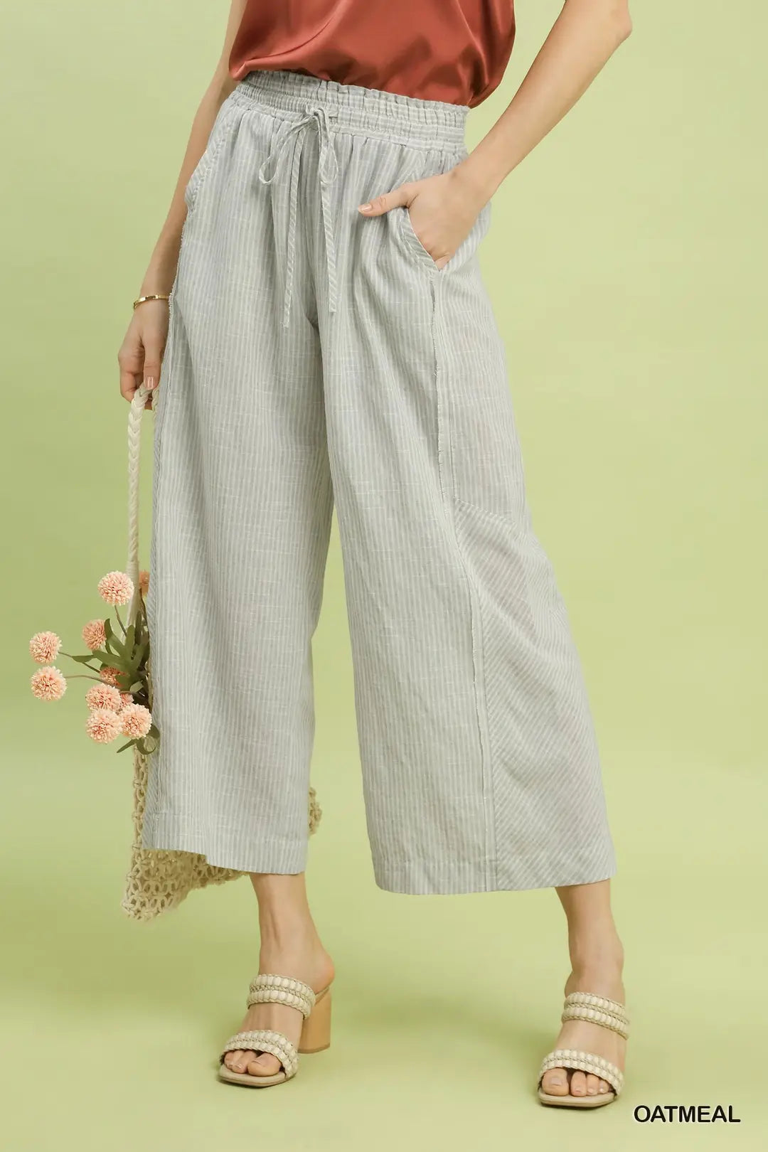 Umgee Striped Wide Leg Pants OATMEAL