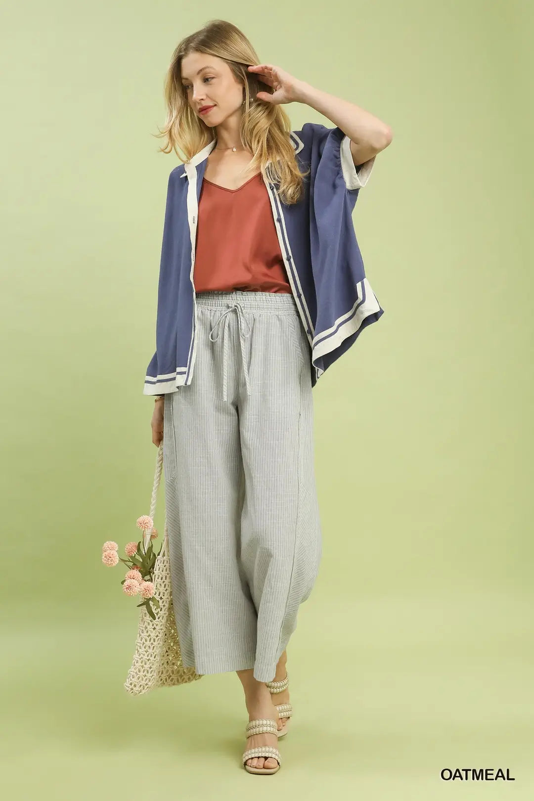Umgee Striped Wide Leg Pants OATMEAL
