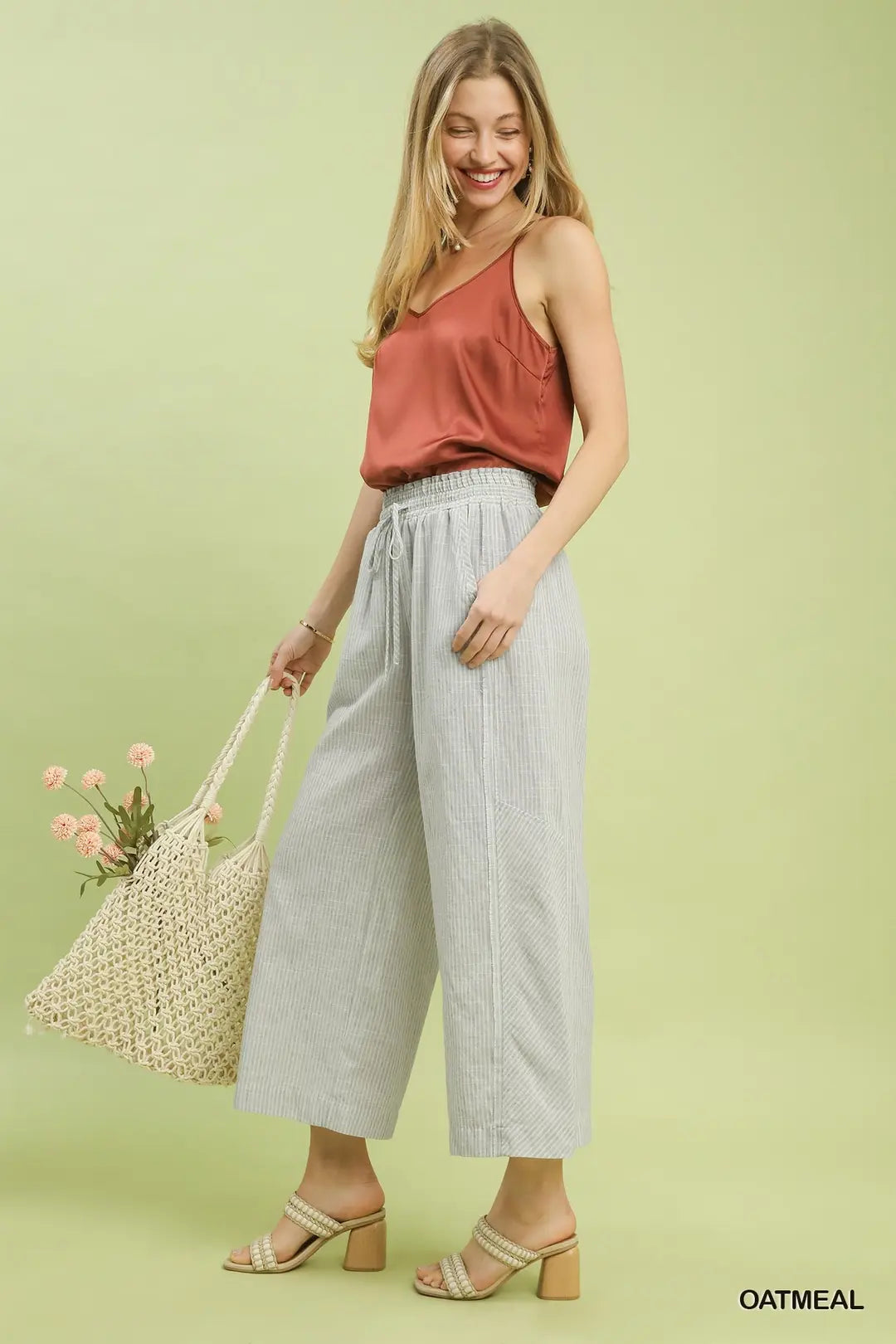 Umgee Striped Wide Leg Pants OATMEAL