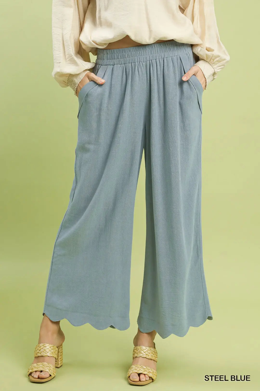 Umgee W Scalloped Hem Pants STEEL BLUE