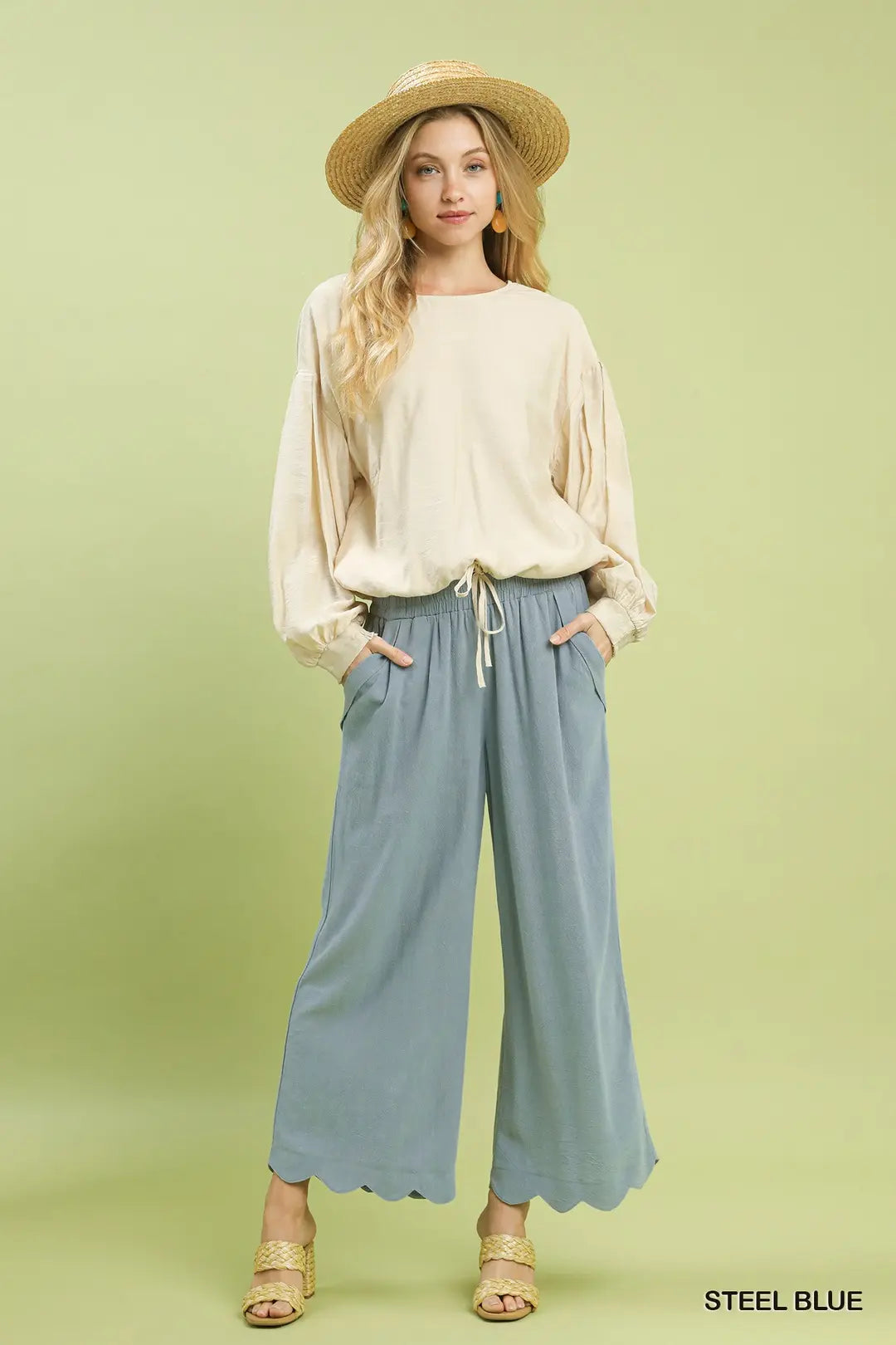 Umgee W Scalloped Hem Pants STEEL BLUE