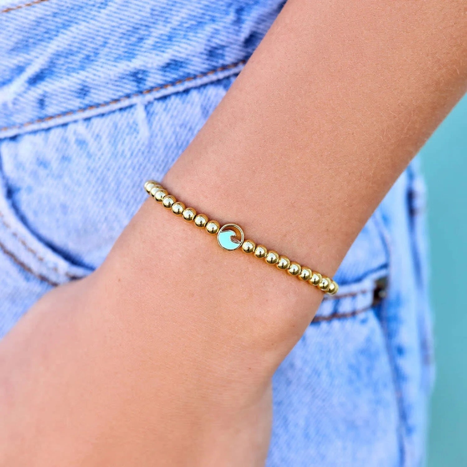Pura Vida Enamel Wave Ball Bead Stretch Bracelet GOLD