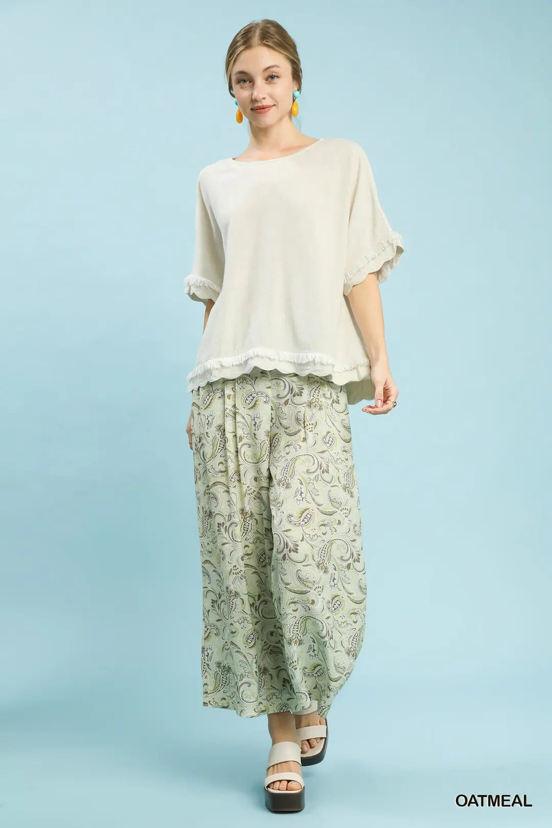 Umgee W SS Round Neck Linen Top OATMEAL