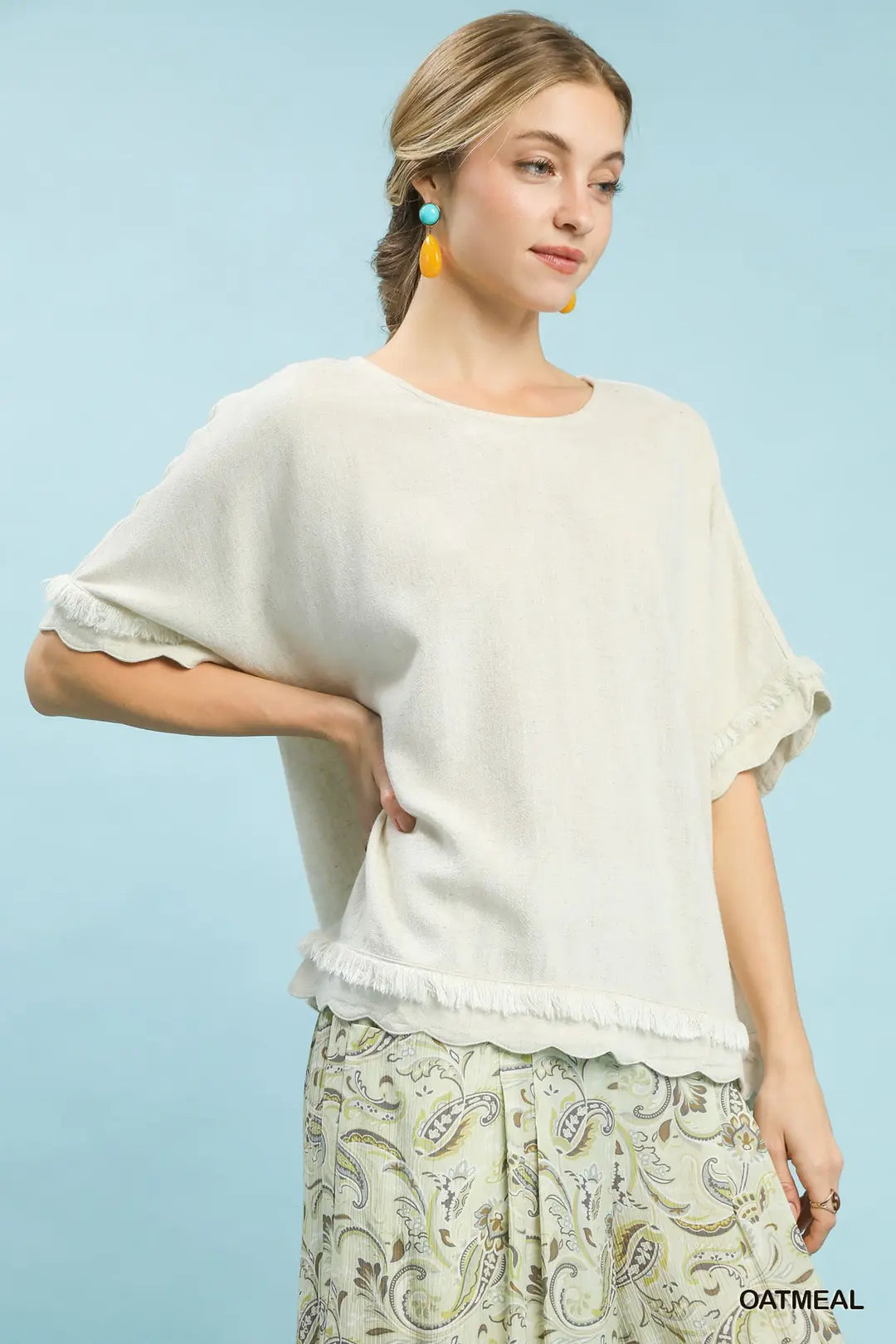 Umgee W SS Round Neck Linen Top OATMEAL
