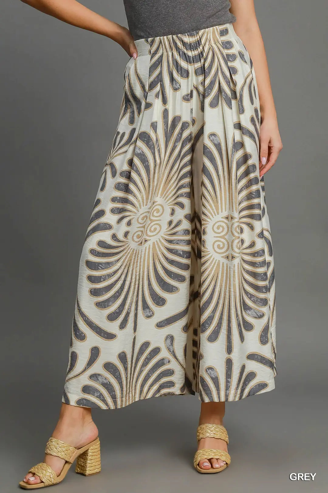 Umgee W Feather Print Wide Leg Pants GREY