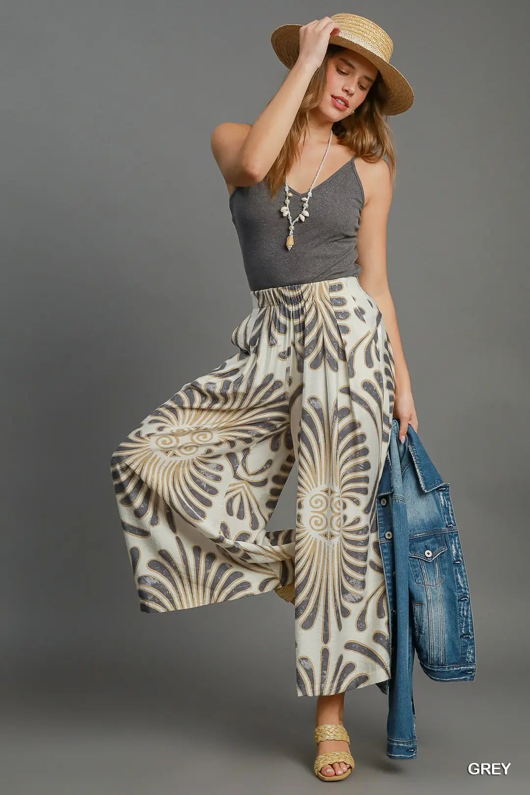 Umgee W Feather Print Wide Leg Pants GREY