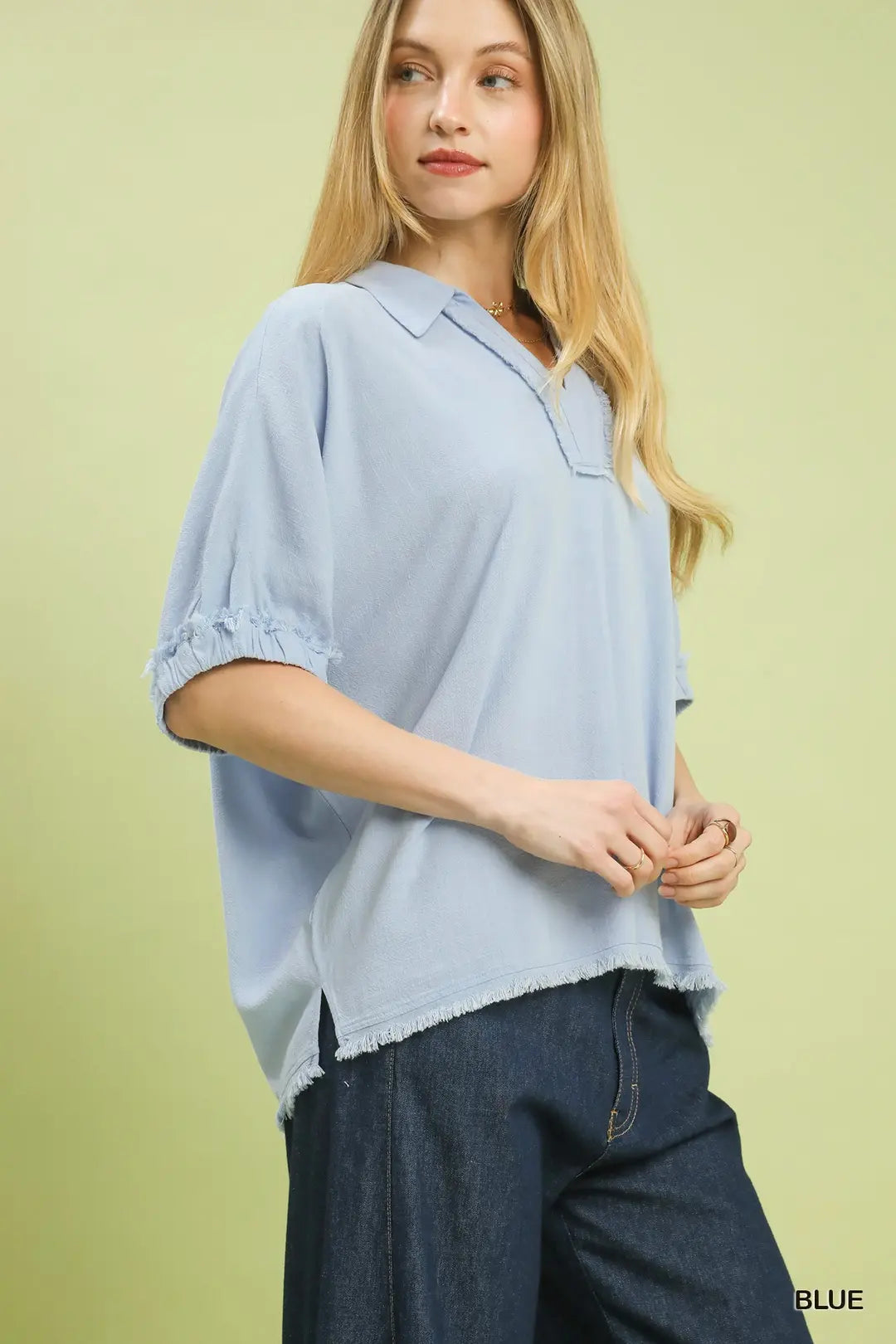 Umgee W Collared V-Neck Dolman Top BLUE
