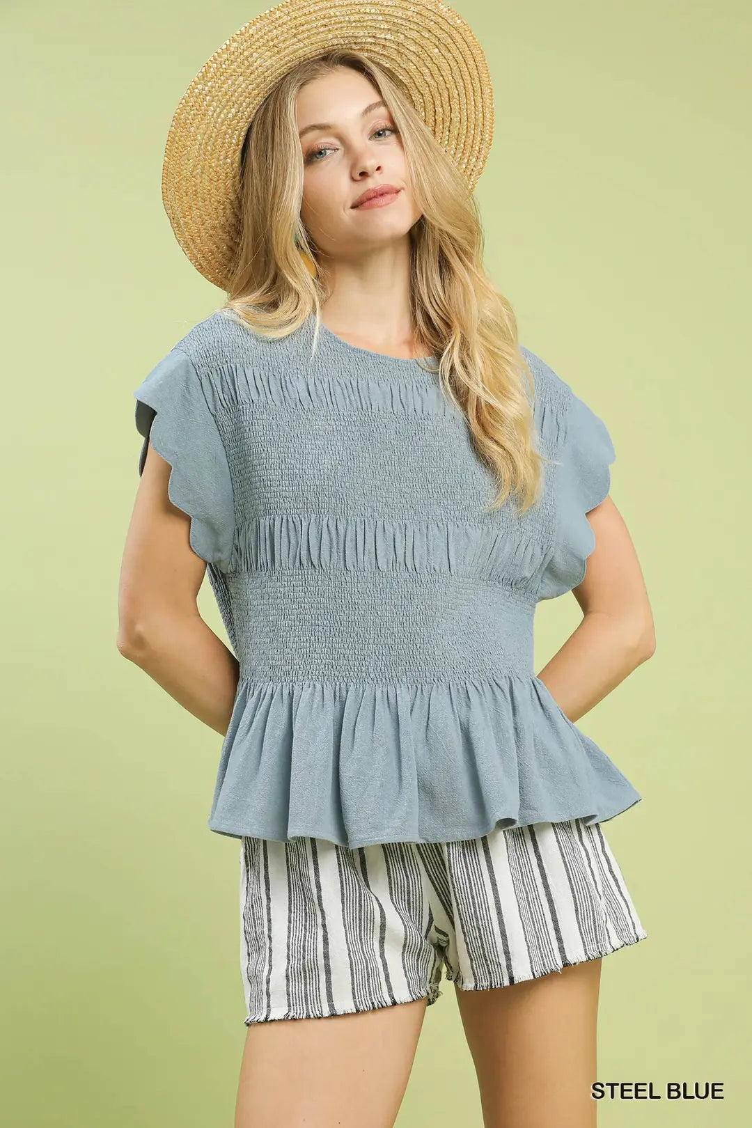 Umgee W Scallop Sleeve Smocked Top STEEL BLUE