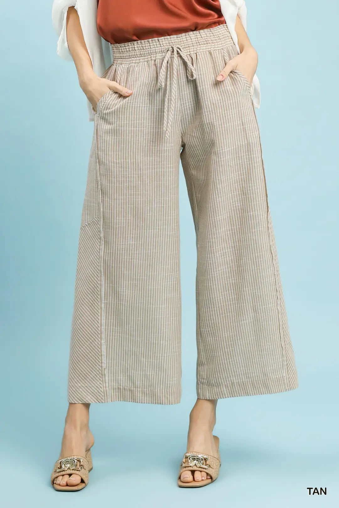 Umgee Striped Wide Leg Pants TAN