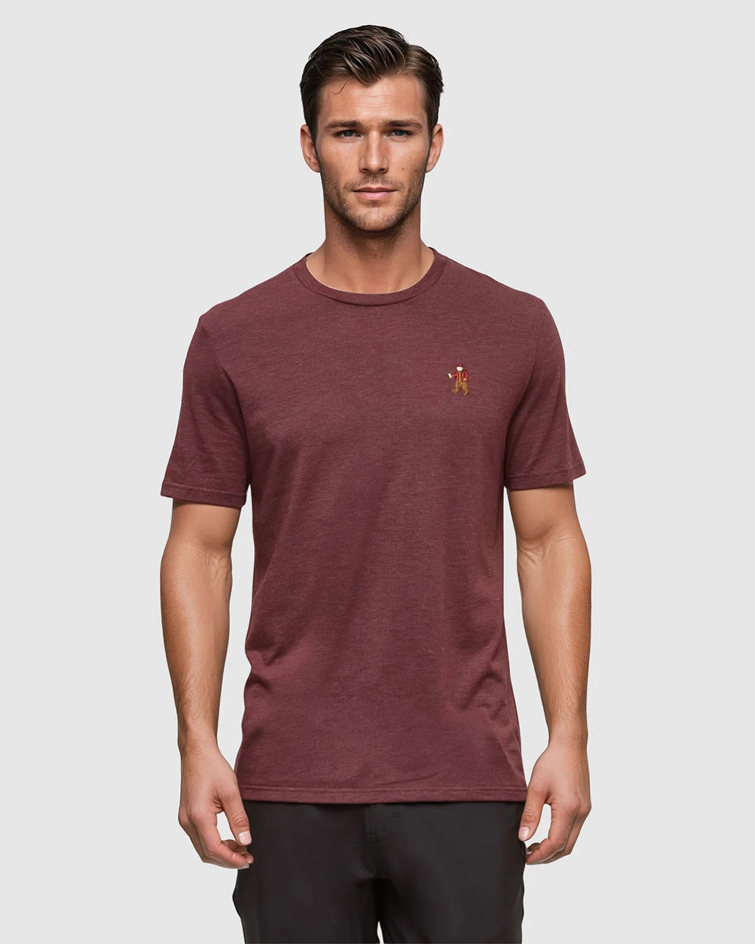 T-shirt à manches courtes Sasquatch de tentree pour homme, couleur bordeaux chiné/bois.