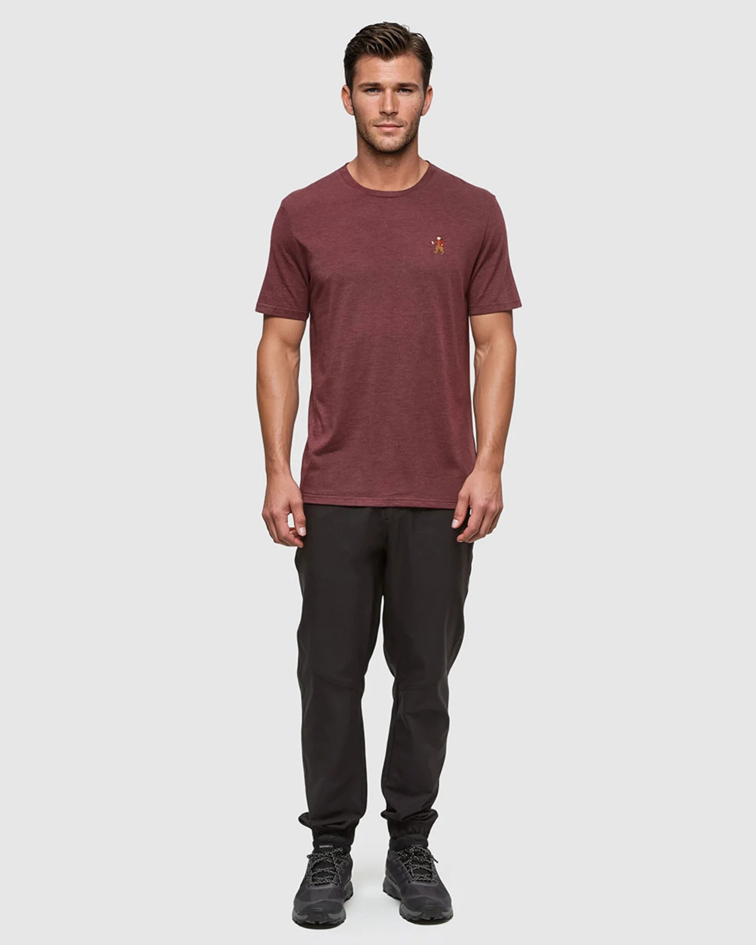 T-shirt à manches courtes Sasquatch de tentree pour homme, couleur bordeaux chiné/bois.