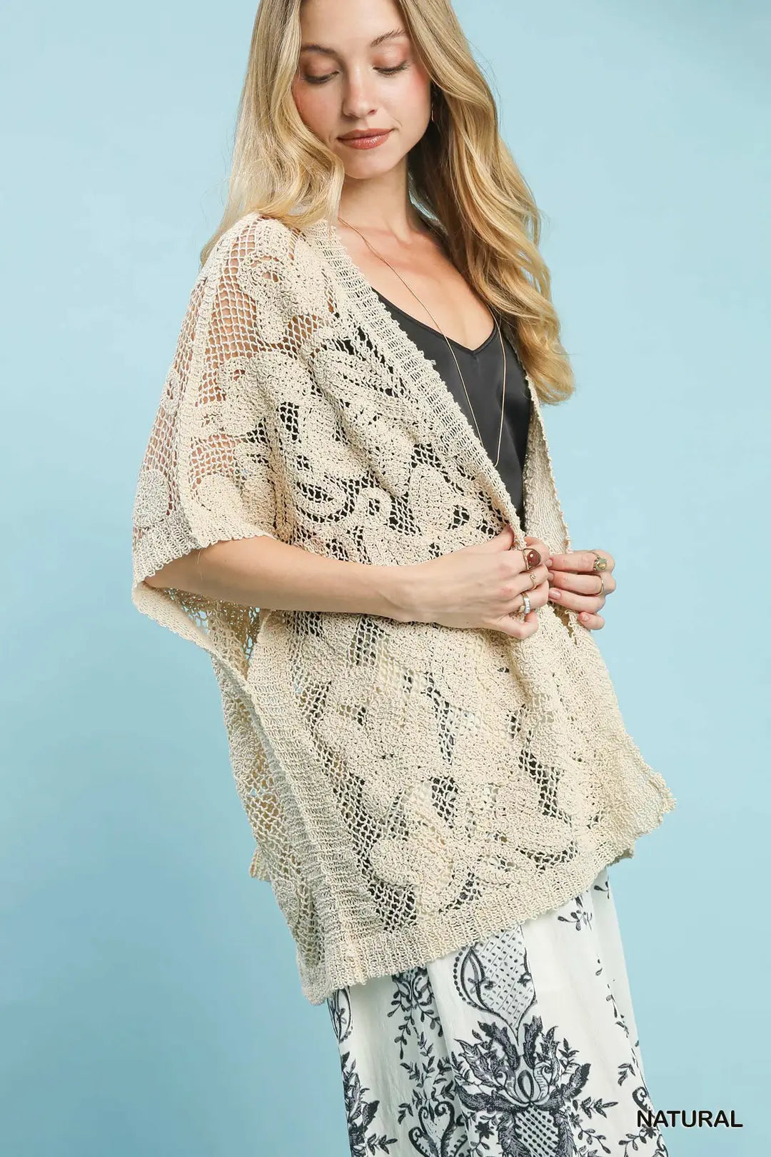 Umgee W Knit Crochet Oversized Kimono NATURAL