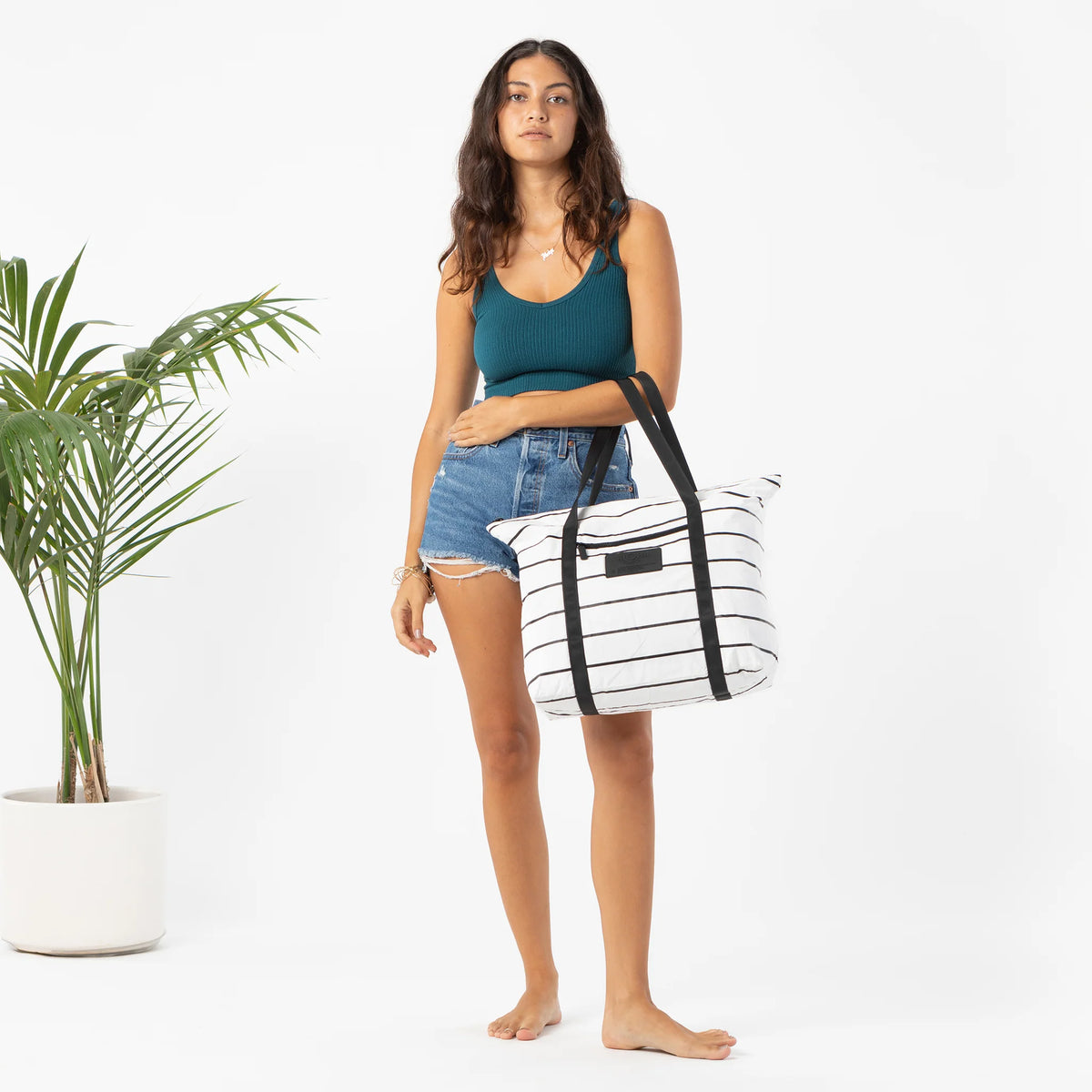 ALOHA Collection Pinstripe Zipper Tote BLACK on WHITE